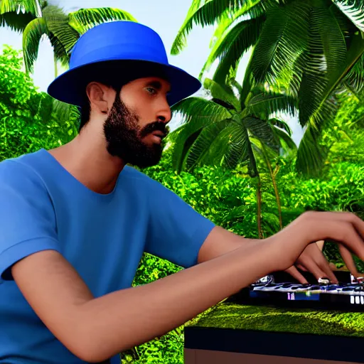 Image similar to man in a blue bucket hat playing a midi controller launchpad ableton live from a beautiful island in the tropics, photo realistic, 4 k render, cinema 4 d, maya, zbrush, portrait,