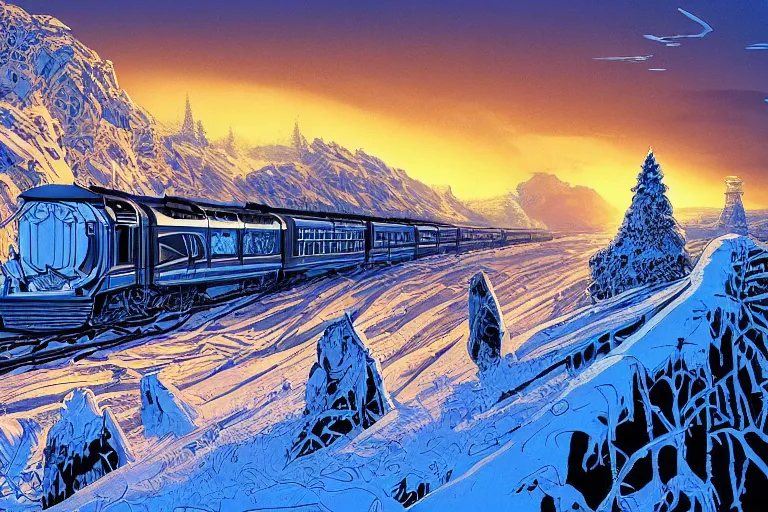 Image similar to trans - siberian express train illustration by joe fenton and syd mead and p. craig russell and barry windsor - smith, artstation, 4 k, graphic novel, concept art, matte painting, beautiful russian winter landscape sunset background, golden hour, art nouveau