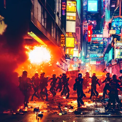 Prompt: photograph of a riot in a cyberpunk city street
