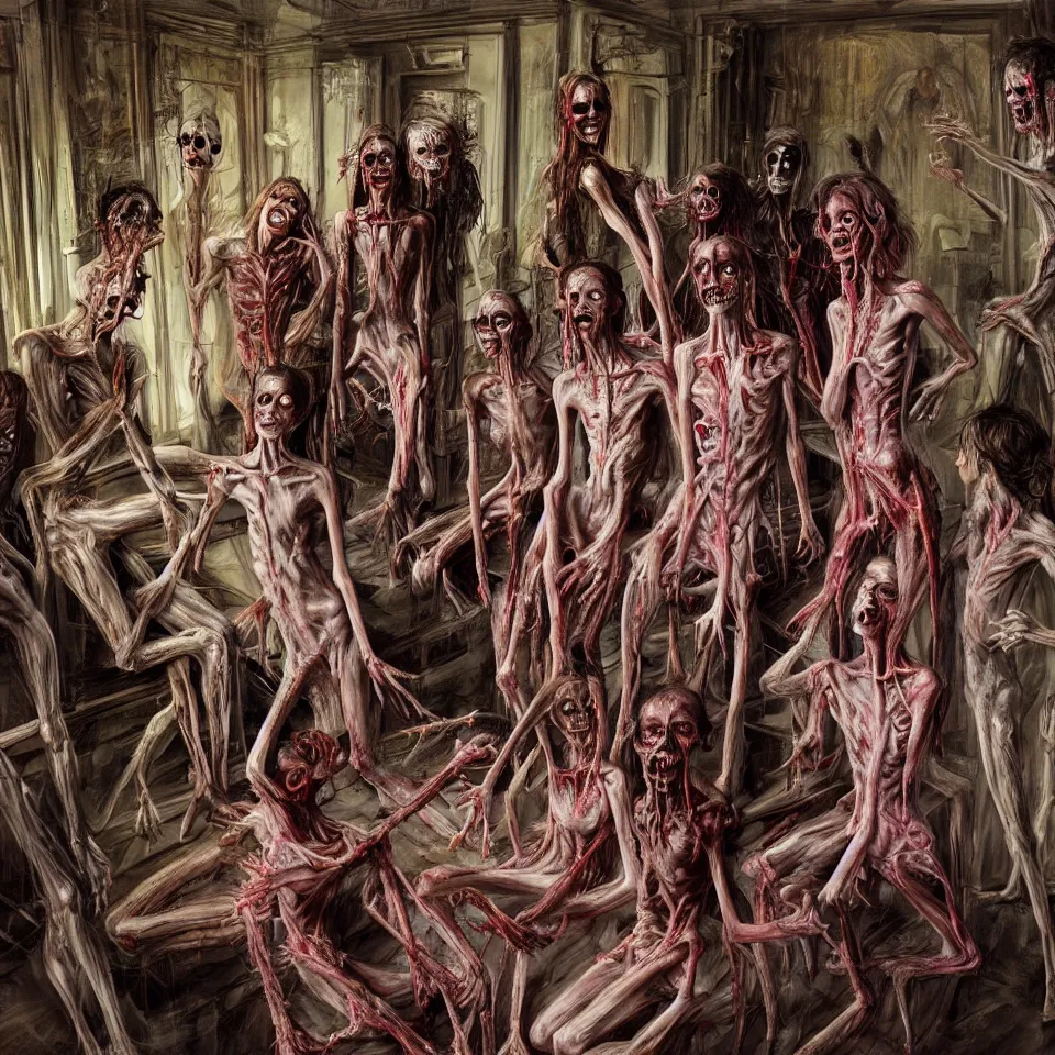 Image similar to bright realistic anorexic end of the world family cult turning into gods and deamons and smiling franticly, old apartment, rotten flesh, diffuse lighting, fantasy, intricate, elegant, highly detailed, lifelike, photorealistic, digital painting, artstation, illustration, concept art, smooth, sharp focus, art by francis bacon and jenny saville