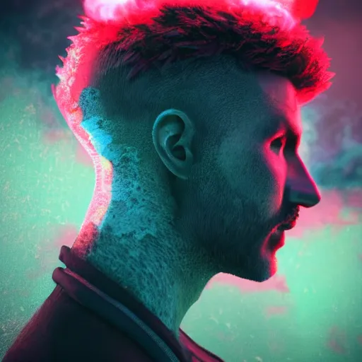 Image similar to portrait of man, his head is in smoke vaporizing, colorful vivid sky in background, made andrew chiampo, artstation, frederik heyman, extremely detailed, stunning volumetric lighting, fantasy, hyperrealism, 3 d render, octane render, unreal engine, fantasy, intricate detail, 4 k, futuristic, sharp focus, smooth