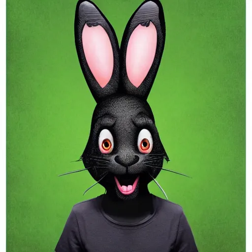 Image similar to A extremely highly detailed majestic hi-res beautiful, highly detailed head and shoulders portrait of a scary terrifying, horrifying, creepy black cartoon rabbit with scary big eyes, earing a shirt laughing, hey buddy, let's be friends, in the style of Walt Disney animation