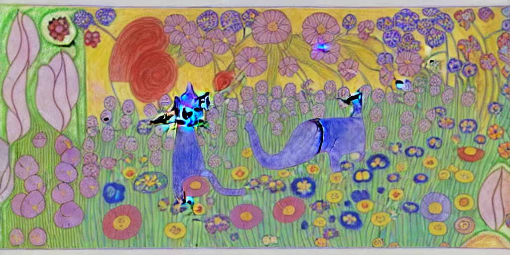 Image similar to cat playing in a garden of flowers, a mix media painting by laurel burch and Leonardo da Vinci and Natalia Goncharova, cluttered , child's drawing, art by Studio Ghibli, anime, thick black lineart