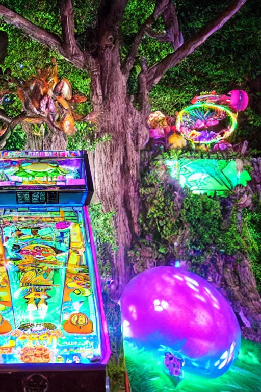 Prompt: al fresco arcade holographic pinball tables in the garden ruins, tree spirits kodama forestfolk excitedly gather round to set a new high score, neon pinball fantasy forest festival