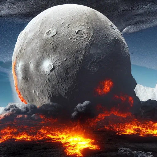 Image similar to moon crash into earth, armageddon, ruined city, realistic, burning sky, volcanic eruption, epic scale, dramatic lighting, 8k, post processing, trending on artstation, environment highly detailed