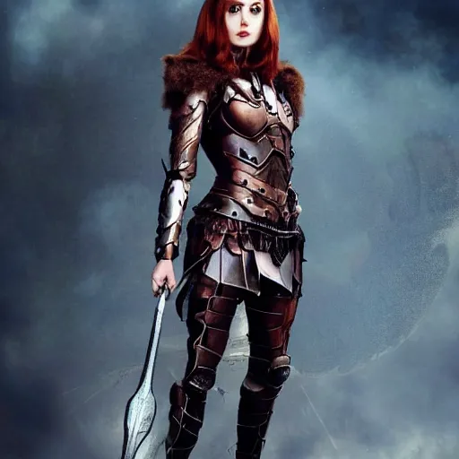Image similar to full body photo of karen gillan as a valkyrie warrior with weapons