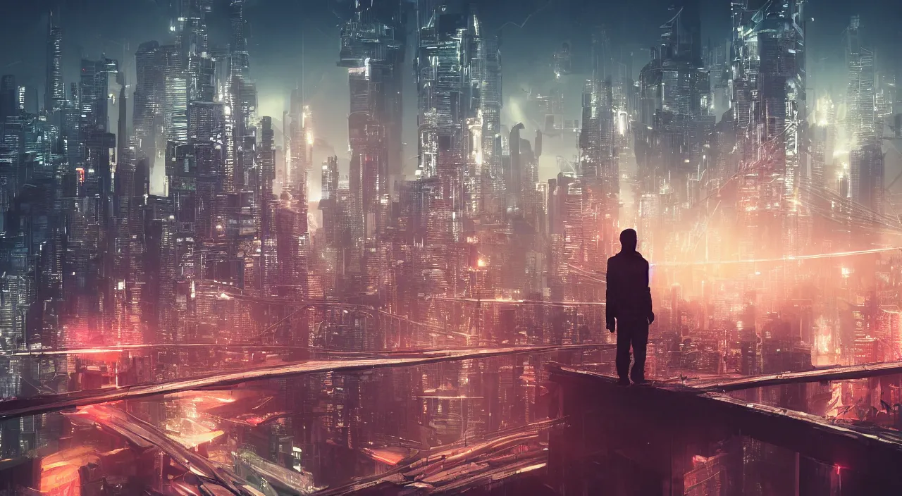 Image similar to a man standing on top of a bridge over a city, cyberpunk art by Vincent Lefevre, behance contest winner, altermodern, cityscape, synthwave, matte painting