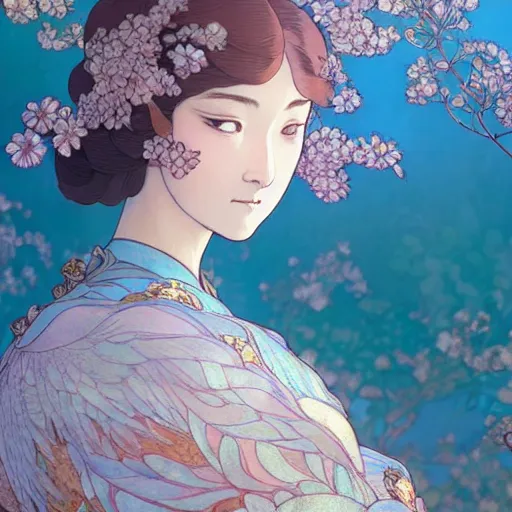 Image similar to a beautiful exquisite delicate hyperdetailed character design 4 k wallpaper illustration of a phoenix princess, victo ngai style, finely detailed perfect face delicate features directed gaze, style of studio ghibli, makoto shinkai, raphael lacoste, louis comfort tiffany, denoise, deblurring, artgerm, james jean, ross tran, alphonse maria mucha, chinese style