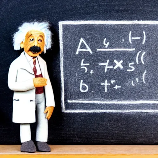 Image similar to claymation miniature scene of albert einstein standing in front of miniature blackboard with lots of mathematical formulas chalked on