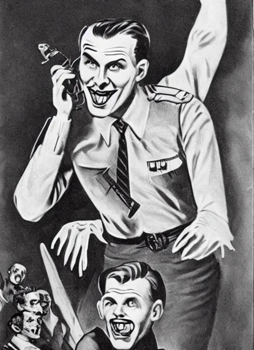 Image similar to creepy Edward Richtofen with a scary comically large smile, 1940s scare tactic propaganda art