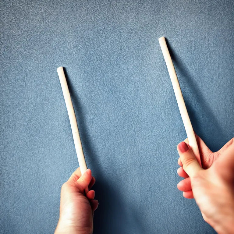 Prompt: High definition photo. Close-up of a beautiful hand holding a white stick.