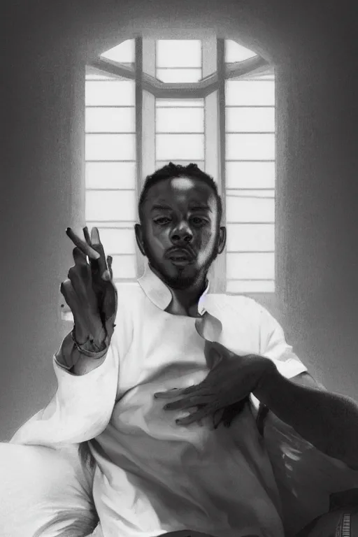 Prompt: ultra realistic kendrick lamar drawing, background is white and blank, elegant, highly detailed, digital painting, concept art, smooth, sharp focus, illustration, art by greg rutkowski and alphonse mucha