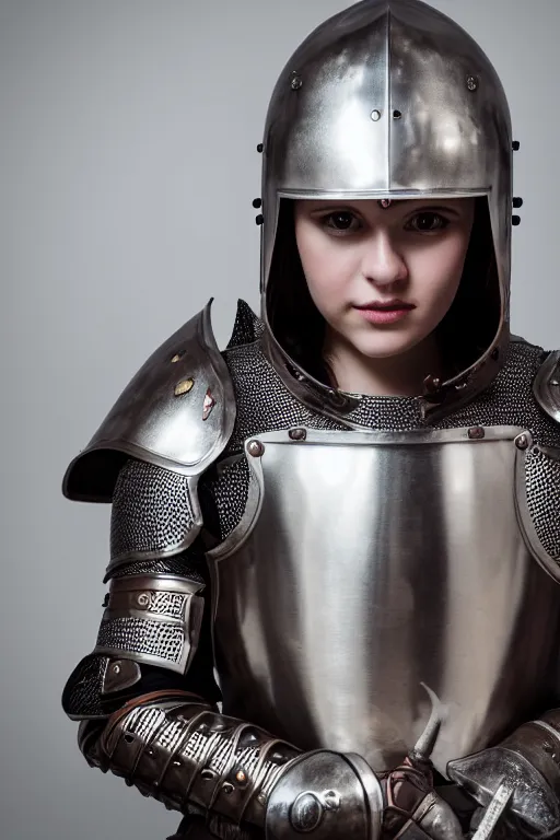 Image similar to medieval female knight, open helmet, symmetrical, cinematic, elegant, demonic atmosphere, professional studio light, real dlsr photography, sharp focus, armor designed by louis vuitton, 4 k, ultra hd, sense of awe