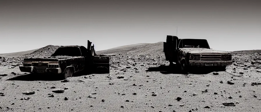 Prompt: a rusting el camino half buried in sand on the surface of mars, ancient discovery, cinematic photograph landscape, 7 5 mm canon mark 1, high contrast, moody, gritty, ambient