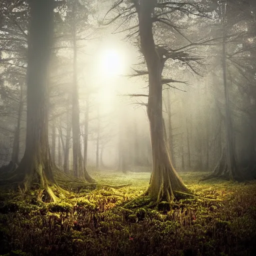 Image similar to spectacular, fabulous tree standing in a thickly vegetated, sombre forest, dreamlike light incidence, sunraise, ultrarealistic, eerie, onimous