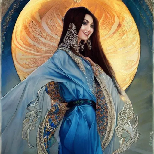 Image similar to a beautiful arabian woman wearing a kaftan by karol bak, ayami kojima, artgerm, arabian beauty, blue eyes, smile, concept art, fantasy