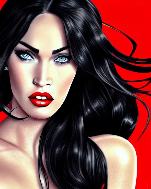 Image similar to closeup portrait beautiful seductive megan fox with long windblown hair in a black party dress, red lipstick, glamour pose, detailed illustration, digital art, trending on artstation, arney freytag, graffiti, gta 5,