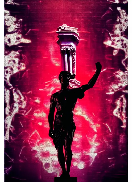 Image similar to black background with subtle red and purple design elements, statue of julius caesar, nekro, movie poster, thin lines, dark, glitch art, neo vaporwave, gritty, layout frame, trending on artstation