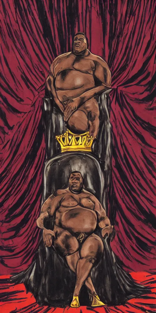 Image similar to style of frank miller, anatomically correct portrait of big black man sitting on throne, background made of big curtains