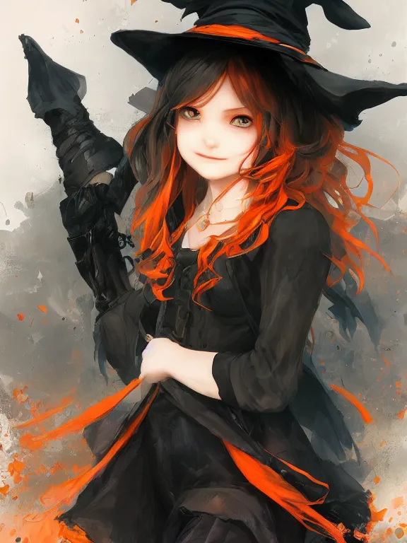 Image similar to Full shot of a cute mischievous young witch about to get up to some trouble. Black and Orange palette. By Ruan Jia and Artgerm and Range Murata and WLOP and CLAMP. Key Art. Fantasy Illustration. award winning, Artstation, intricate details, realistic, Hyperdetailed, 8k resolution.