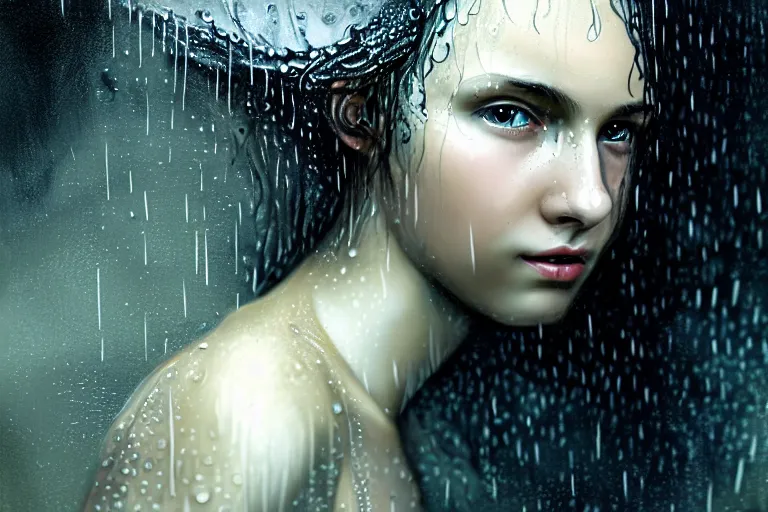 Prompt: girl flying freely in rain with wet hair and face, glowing halo, fantasy, captivating dynamic facial expression, intricate, elegant, dramatic lighting, emotionally evoking symbolic metaphor, highly detailed, lifelike, photorealistic, digital painting, artstation, concept art, smooth, sharp focus, illustration, art by John Collier and Albert Aublet and Krenz Cushart and Artem Demura and Alphonse Mucha