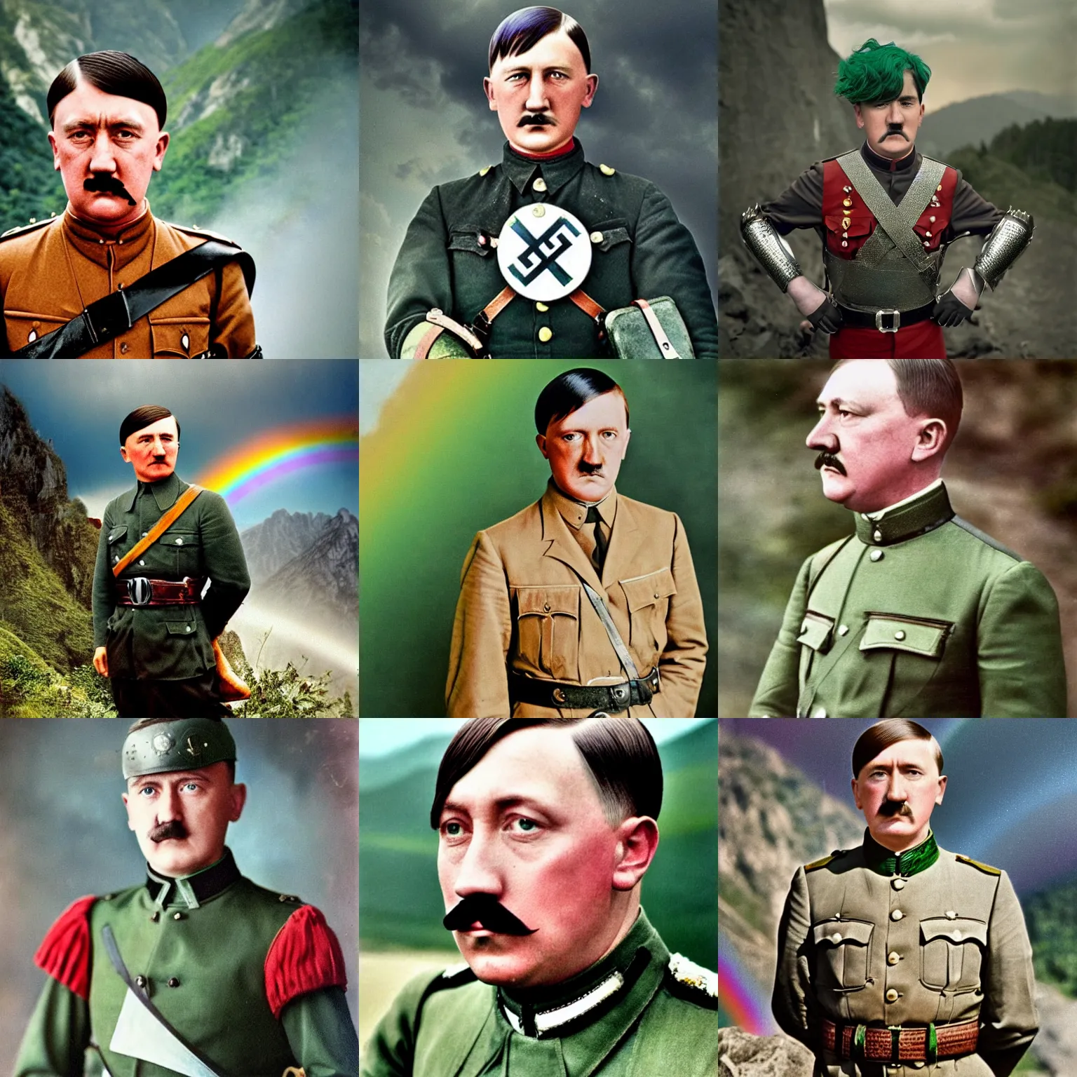 Prompt: High resolution, high quality, extremely detailed, colour historical photo of a 21yo adolf hitler with rainbow hair, wearing leather armour and a green undershirt, holding a 🛡 and an 🪓, a fierce expression on his face, standing in the mountains of China