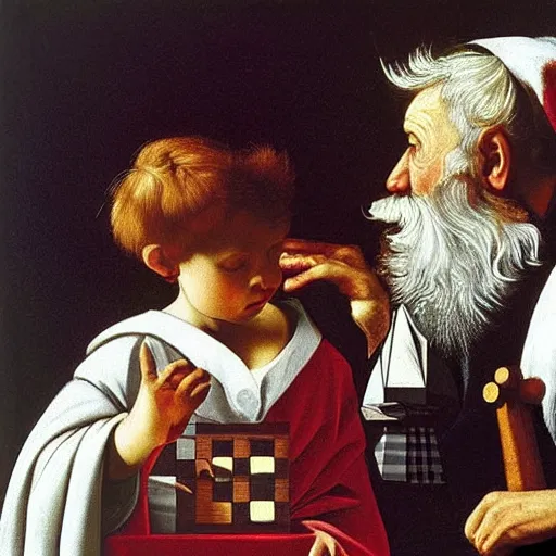 Prompt: Father Christmas playing chess with the Easter bunny Painted by Caravaggio