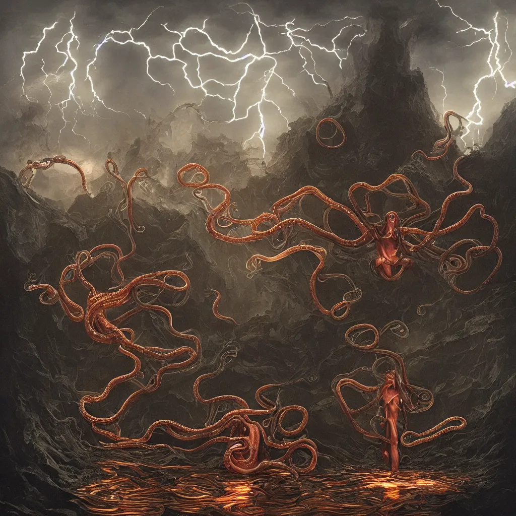 Prompt: hyper realistic, An amorphic being with tentacles of liquid reflective copper and chrome emerges from the dark surreal ether, mist amidst lightning, high contrast lighting, backlit by Michael Whelan