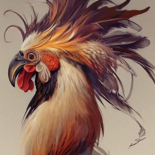 Image similar to full figure ultra realistic illustration, rooster, beautiful, intricate, elegant, highly detailed, digital painting, artstation, concept art, smooth, sharp focus, illustration, art by artgerm and greg rutkowski and alphonse mucha