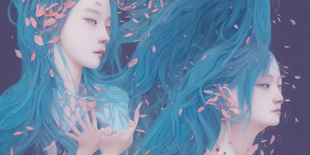 Image similar to breathtaking detailed concept art painting pattern with gradient pastel colors of blue hair faces goddesses amalgamation autumn leaves, by hsiao - ron cheng and james jean, bizarre compositions, exquisite detail, 8 k