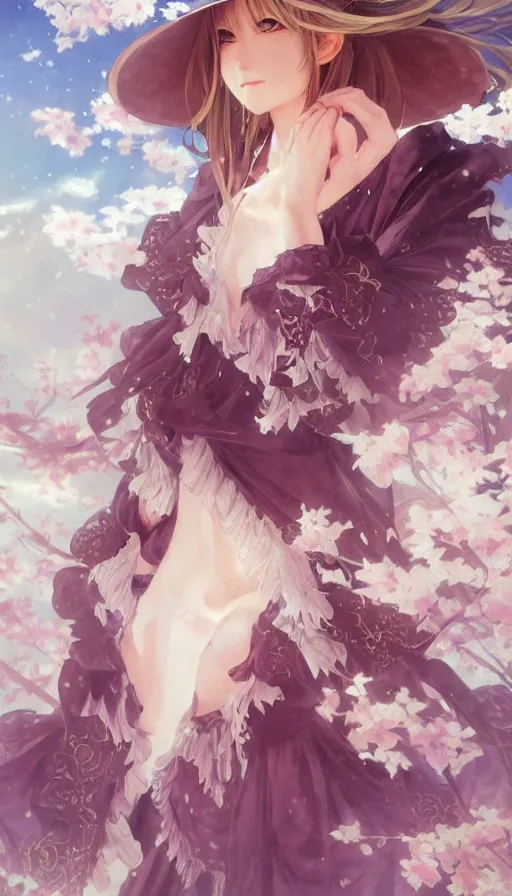 Prompt: portrait of kirisame marisa, touhou, anime art, dreamy and ethereal, expressive pose, peaceful expression, ornate frilly dress, fantasy, intricate, elegant, highly detailed, digital painting, artstation, concept art, smooth, sharp focus, illustration, art by artgerm and greg rutkowski and alphonse mucha