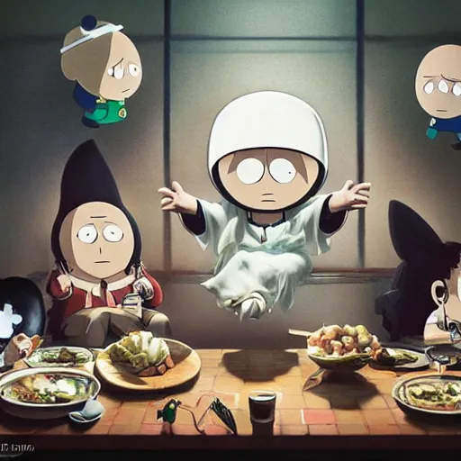 Image similar to milk - chan and ike from south park and stewie from family guy and bobby from bobby's world all sitting at the dinner table. in the style of the last supper by ruan jia fenghua zhong, ryohei hase, ismail inceoglu