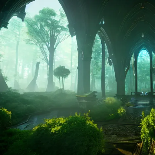 Prompt: inside a ethereal magical elven city, 8k, HDR, cinematic, volumetric lighting, unreal engine 5