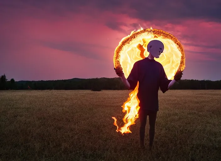 Prompt: squidward practicing firebending in an open field at susnset, 1 2 0 mm, dramatic lighting'