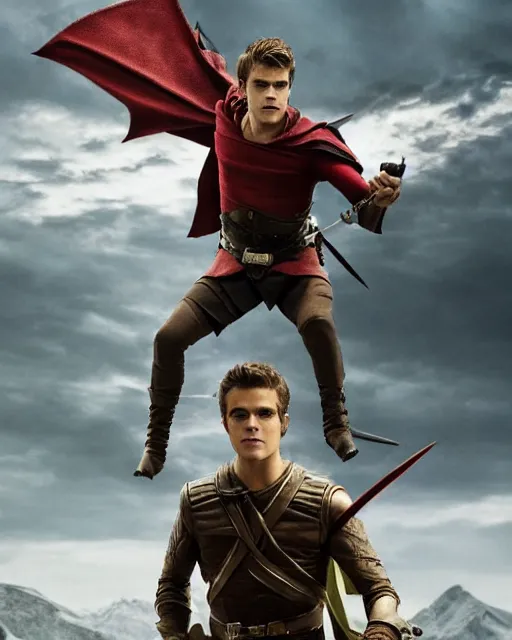 Prompt: Actor Paul Wesley As an Elf Ranger riding a giant Battle Eagle as it soars over the Mountains of Mordor,photorealistic, cinematic