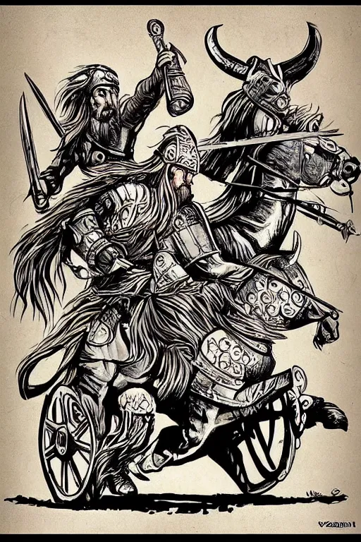 Prompt: “Poster of Viking horsemen in a battle. There is also Mini Cooper Countryman Hybrid. Retro cartoon caricature.”