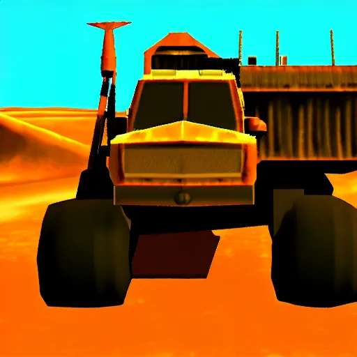 Image similar to mad max fury road, nintendo 6 4 screenshot, low poly, aliased