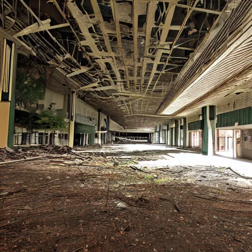 Prompt: photograph of pacific northwest forest inside an abandoned mall