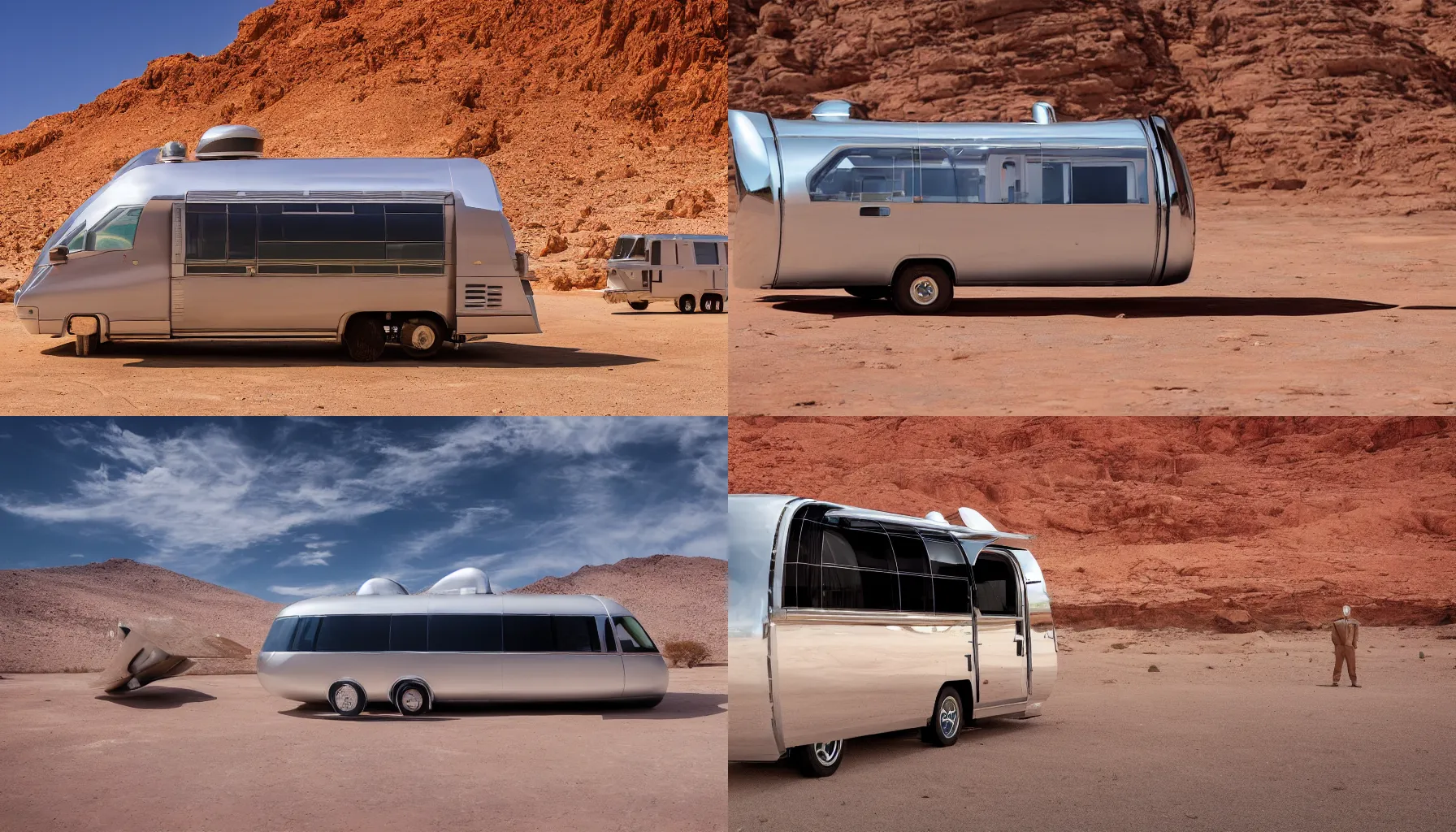 Prompt: professional photograph of a beautiful futuristic chrome Winnebago designed by Buckminster Fuller in a picturesque alien desert. The Winnebago is floating, and has no wheels. Astronauts are standing nearby, racking focus, extreme panoramic, Dynamic Range, HDR, chromatic aberration, Orton effect intricate, elegant, highly detailed, artstation,