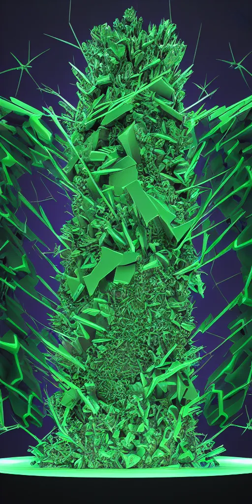 Image similar to 3 d photographic render of a deconstructed asymmetric mandelbulb sculpture, green bioluminescent chrometype, made of liquid purple metal, neotribal with thorns and green thunders, cyberpunk japanese temple, raytraced, hyper realistic, volumetric lightning, 8 k, by zhelong xu, ouchh and and innate studio