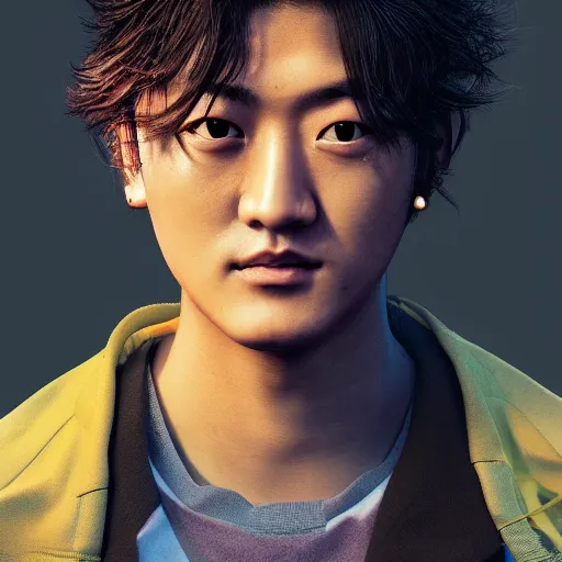 Prompt: young jin akanishi standing in front of his home in san fransokyo, close up portrait photo, hyper detailed, digital art, trending on artstation, cinematic lighting, studio quality, smooth render, unreal engine, octane render, photorealistic, atmospheric
