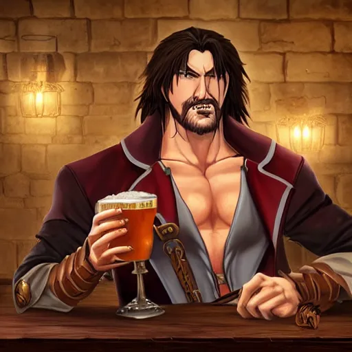 Prompt: Beautiful painting of Trevor Belmont from Castlevania, enjoying a pint of ale at a tavern, HDR, happily smiling at the camera, holding the pint of ale, sitting at the bar, warm lantern lighting.