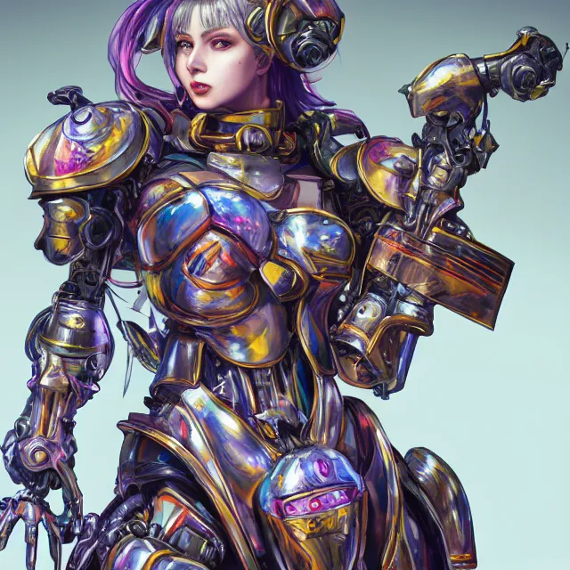 Image similar to studio portrait of lawful good colorful female holy mecha paladin absurdly beautiful, elegant, young curvy bikini model, ultrafine hyperrealistic detailed face illustration by kim jung gi, irakli nadar, intricate linework, sharp focus, bright colors, matte, octopath traveler, final fantasy, unreal engine highly rendered, global illumination, radiant light, intricate environment