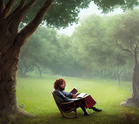 Prompt: painting of Tyrion Lannister reading a book under a tree, with a carefree look, digital art, painted by Marc Simonetti