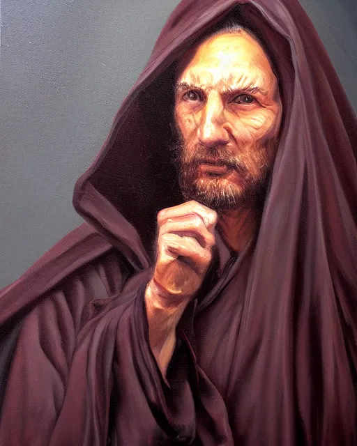 Prompt: oil painting portrait of a man in dark robes, hooded, made by greg rukowtski, fantasy, moodly