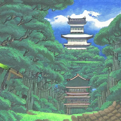 Image similar to japanese fortress in a city inside the forest by studio ghibli painting