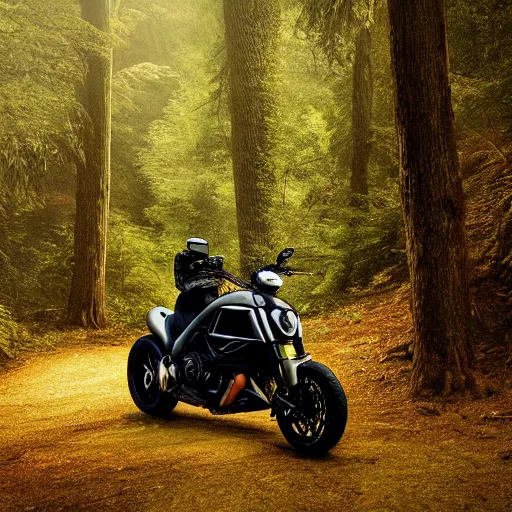 Image similar to portrait of a single ducati diavel in a vast forest landscape in the style of thomas cole, cinematic lighting, raytracing, 8 k, octane render, volumetric, vivid, beautiful, hyperrealism