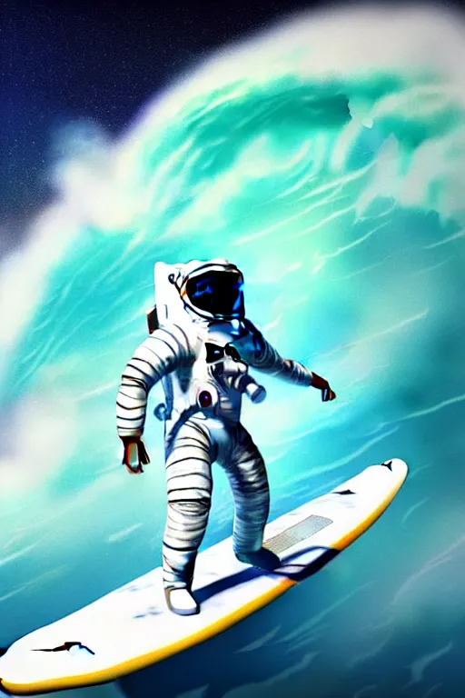 Image similar to a beautiful digital painting of an astronaut in a white space suit surfing the great wave on a surfboard by greg rutkowski, photorealistic, trending on artstation, octane render