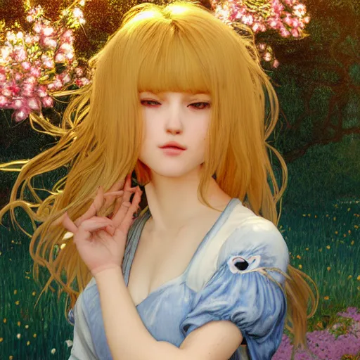 Image similar to A playful young woman with blonde long hair and bangs in shorts and a white blouse and Totoro drawn by Zeronis and Luis Royo and Robert McGinnis and alphonse mucha, background by James Jean and gustav klimt, 4k, sunny day, volumetric lighting, french nouveau, trending on artstation, octane render, hyperrealistic