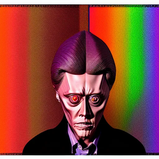 Image similar to a detailed 3d render of Christopher Walken disguised as an extraterrestrial in the style of junji ito and moebius, rainbow color scheme, ornate, photosynthetic,8k,award winning art,